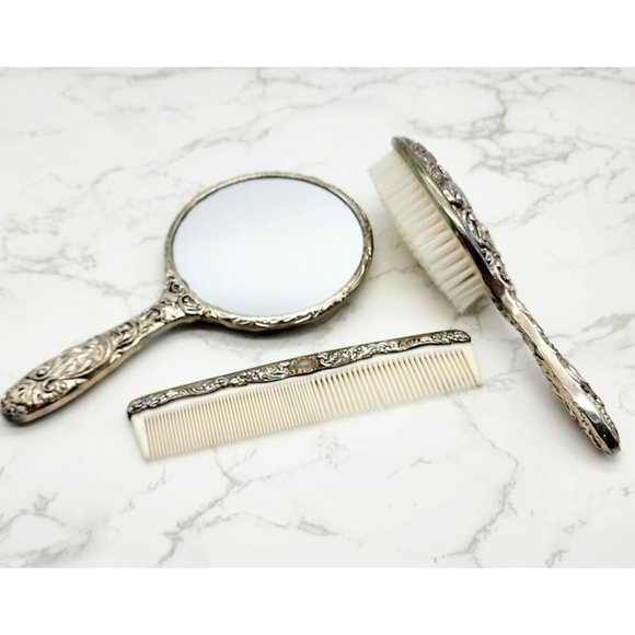 Accents Vintage 3 Piece Silver Plated Vanity Set Hair Brush Comb Hand